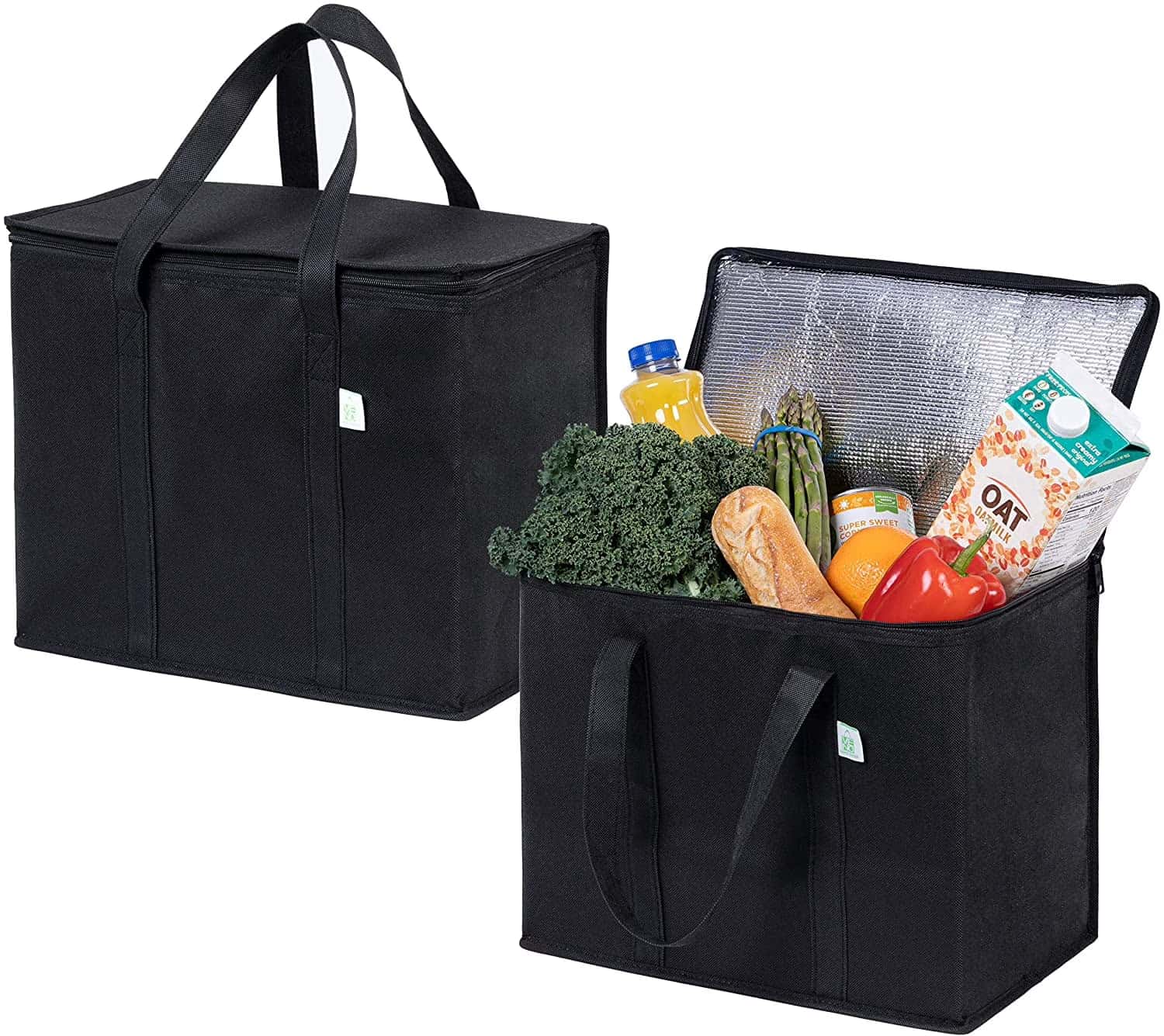 Two insulated grocery carriers, one packed with fresh food and drinks