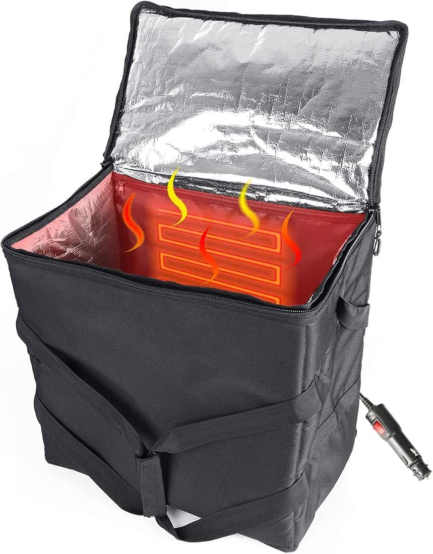 Insulated hot-box delivery bag with a heated base and a car power lead