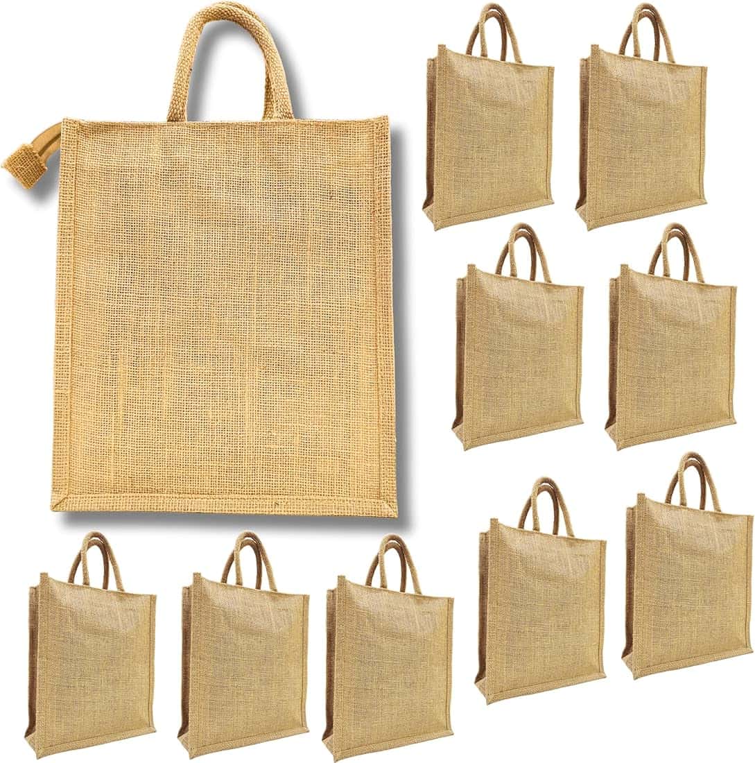 Natural jute tote bags shown in quantity
