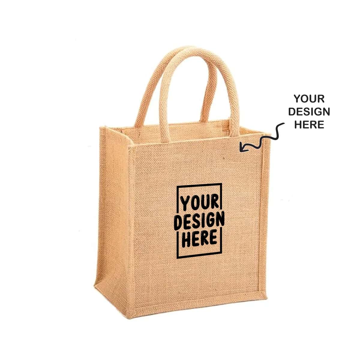 Jute gift bag shown with a placeholder logo on the front
