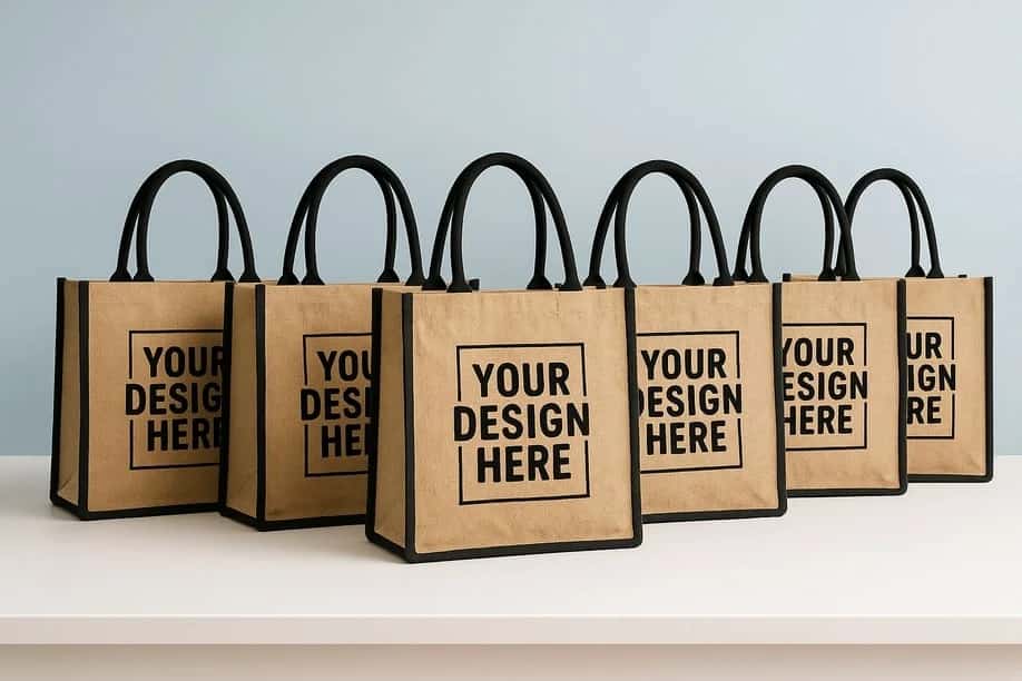 A row of jute promotional bags shown with a placeholder logo