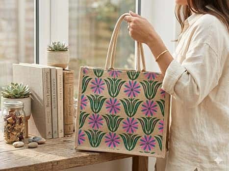 Jute tote bag with an all-over printed floral design