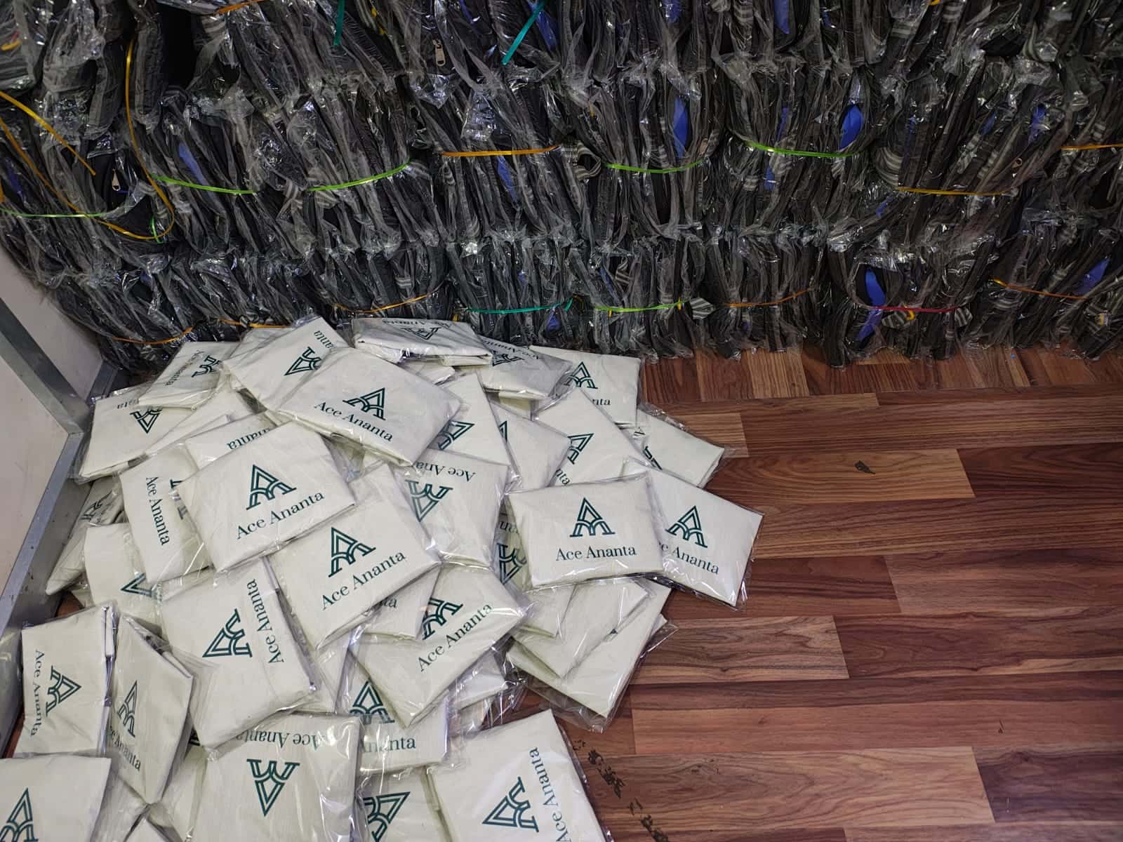 Branded bags bagged and stacked at the workshop, ready for dispatch