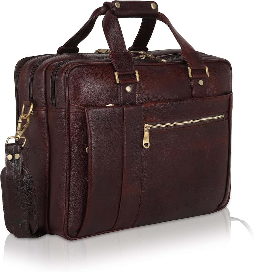 Dark brown leather office briefcase with brass fittings and a shoulder strap