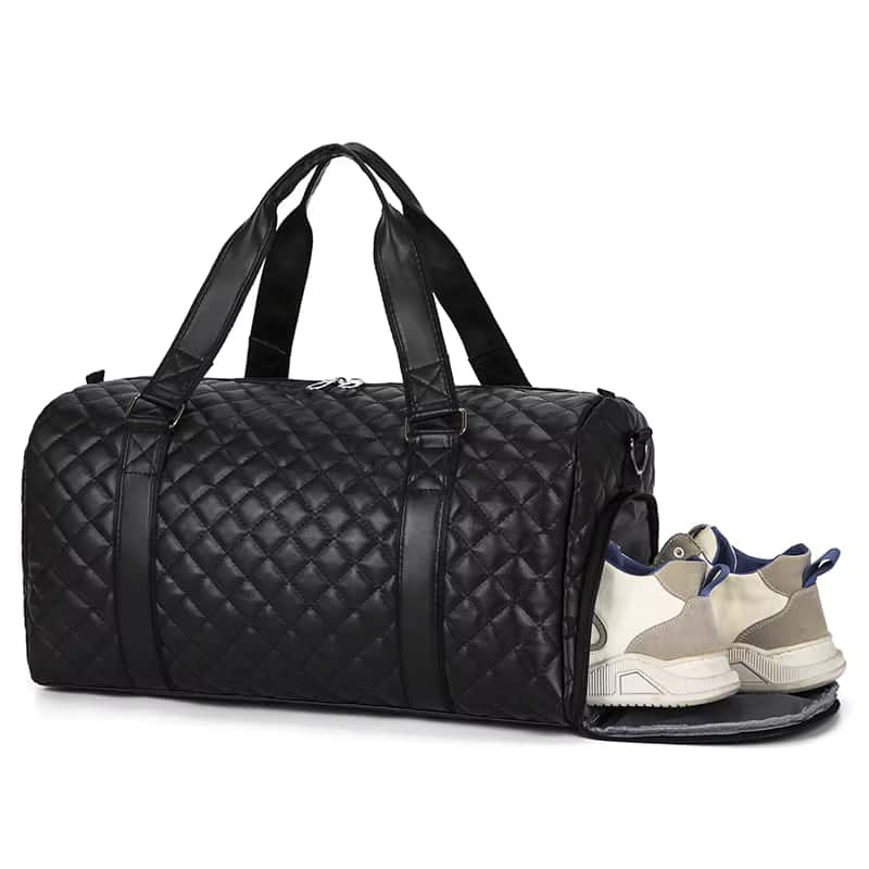 Black quilted leather duffel bag with a separate shoe compartment