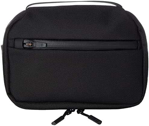 Black zipped travel pouch with a carry handle