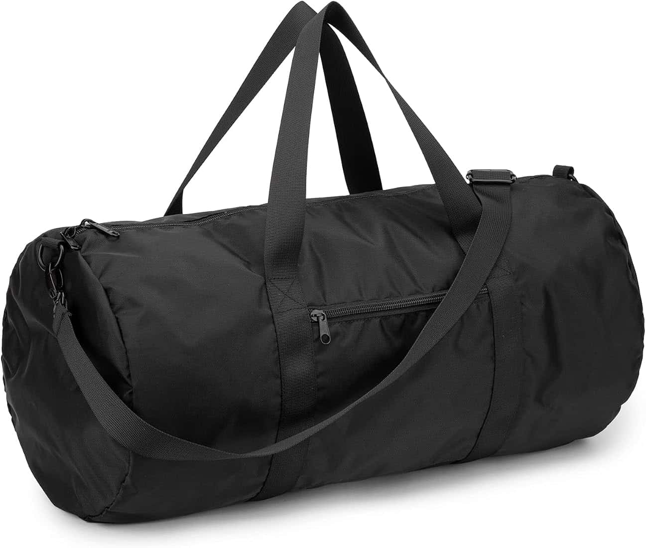 Black round duffel bag with webbing handles and a shoulder strap