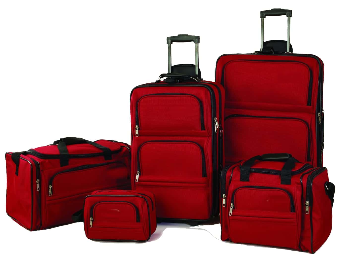 Matching set of red trolley suitcases, a holdall and a cabin bag