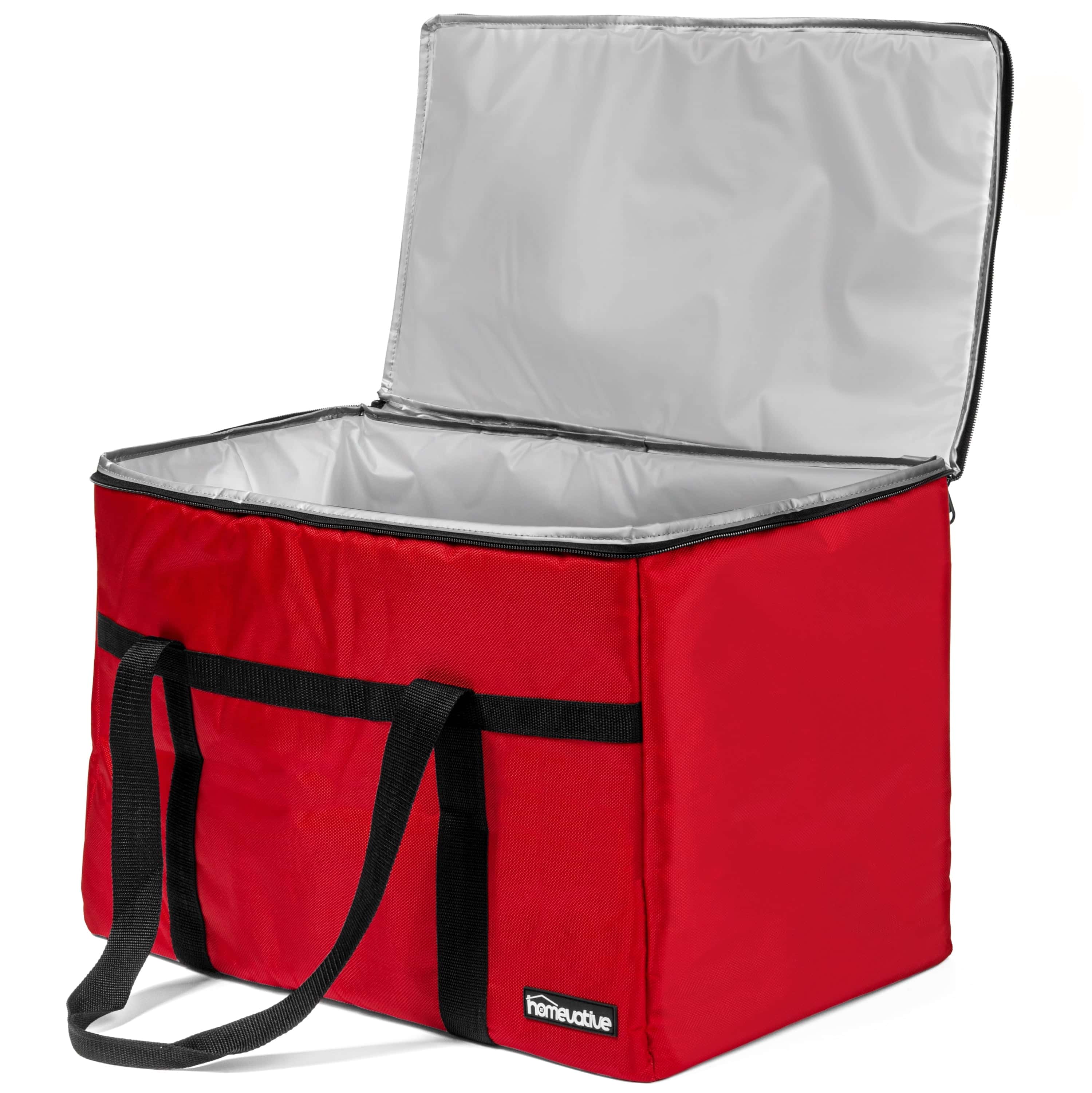 Insulated food delivery carrier opened to show its foil-lined interior