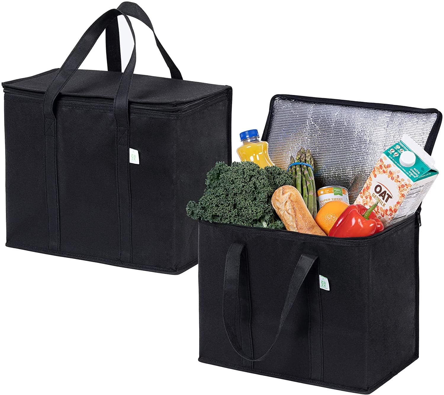 Two insulated grocery carriers, one packed with fresh food and drinks