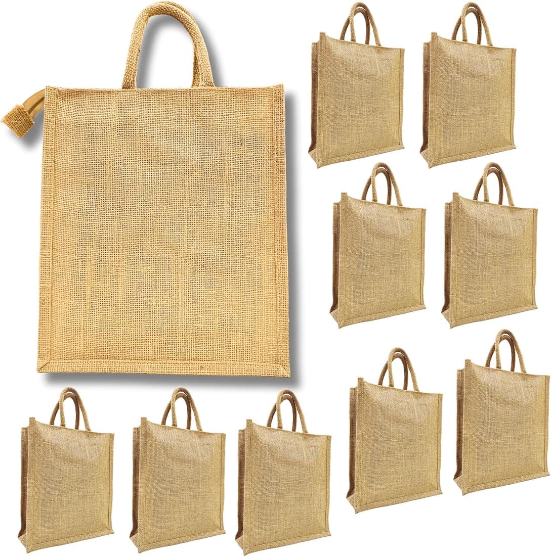 Natural jute tote bags shown in quantity