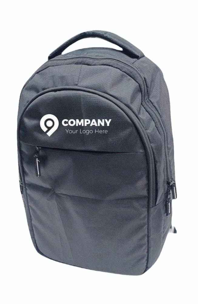 Laptop backpack shown with a placeholder company logo