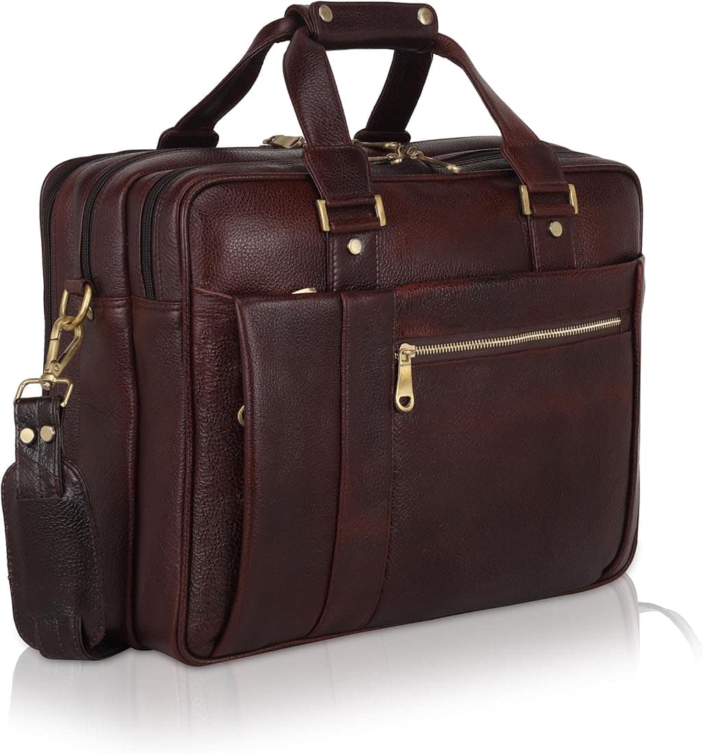 Dark brown leather office briefcase with brass fittings and a shoulder strap