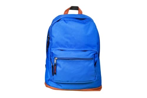 Plain blue school backpack with a front zip pocket and a reinforced base
