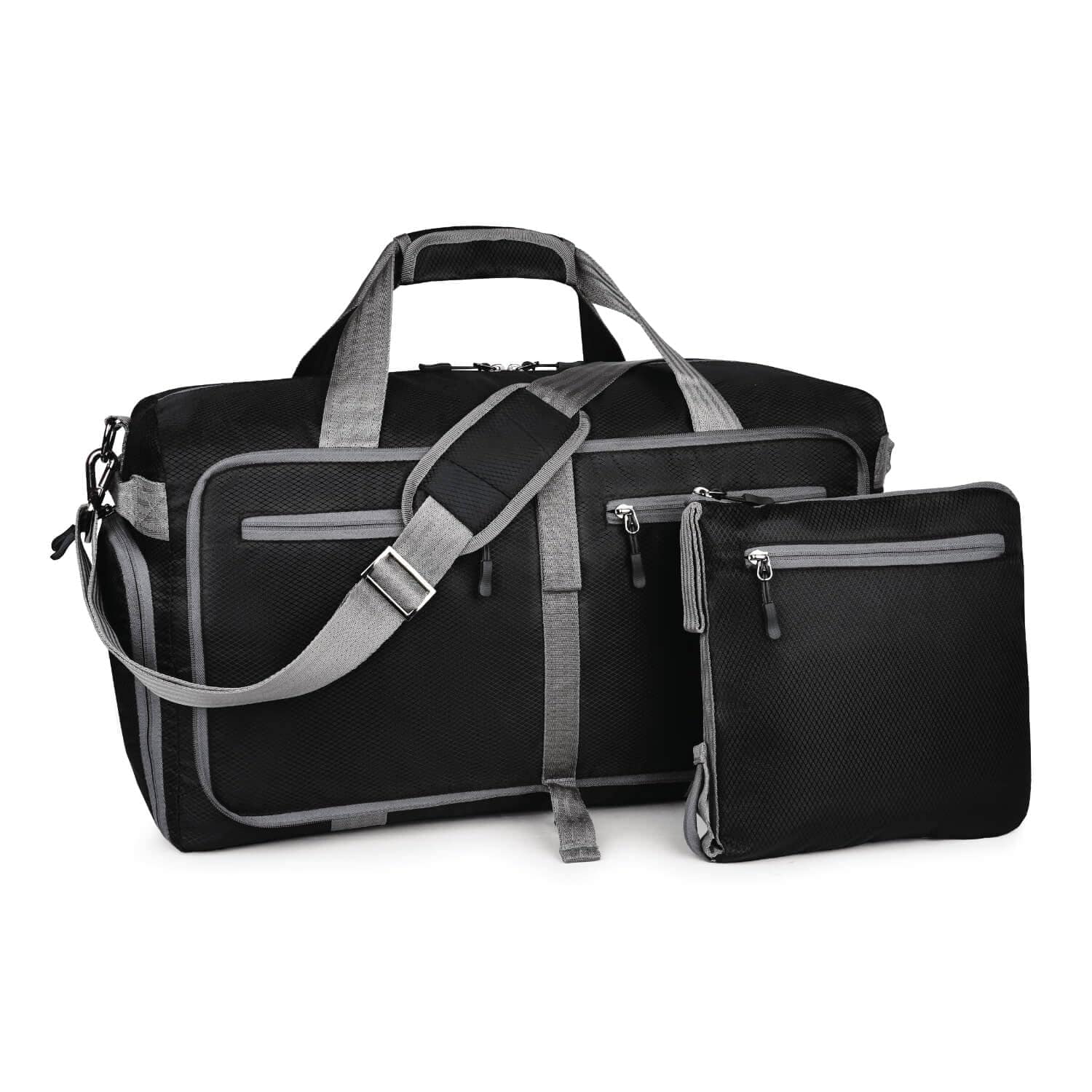 Black travel duffel bag with a padded shoulder strap and a matching packing pouch